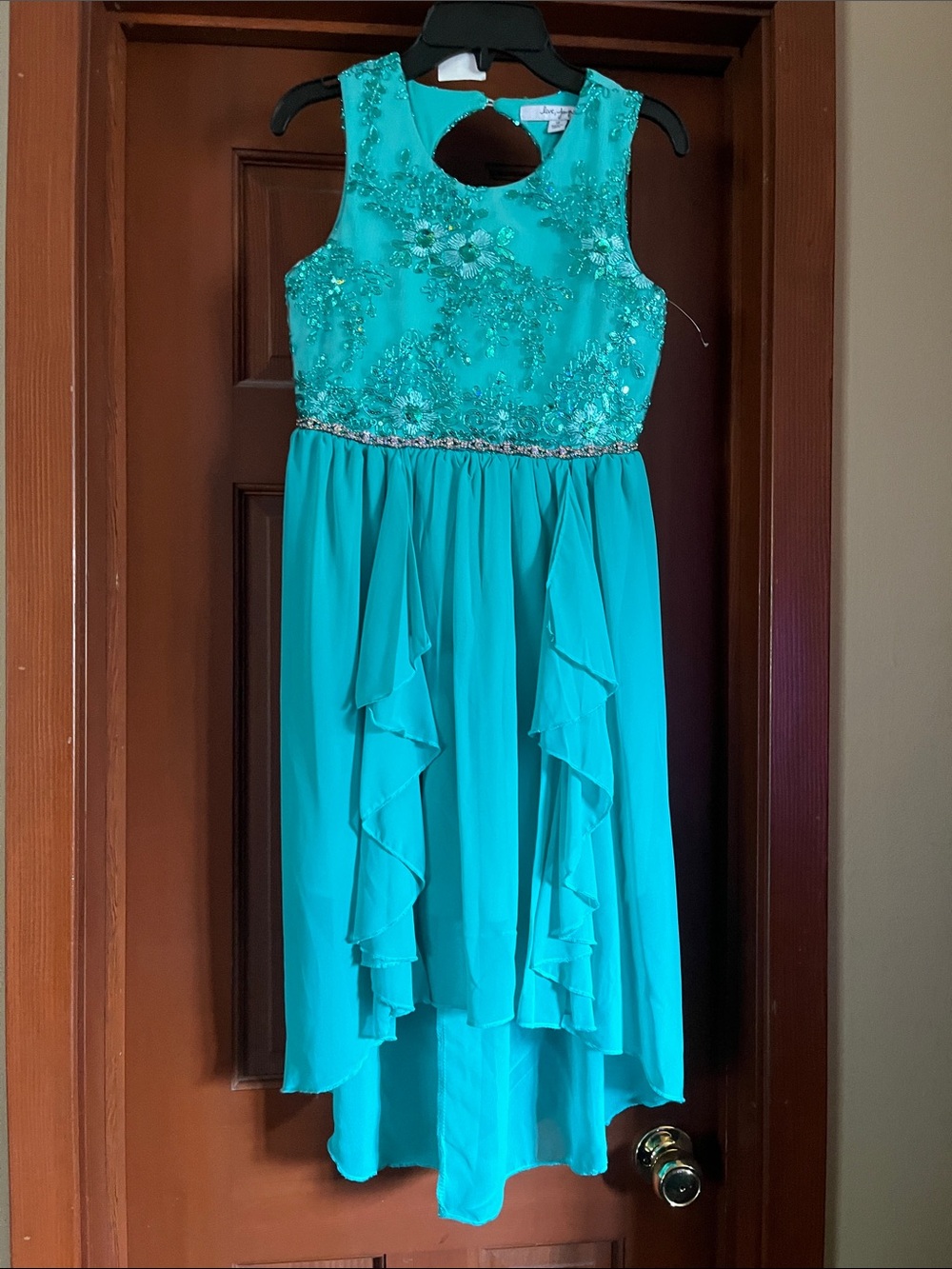 Girls Teal Beaded Chiffon High-Low Formal Dress